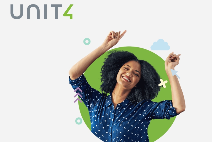 Smiling woman with arms in the air inside a green circle with the Unit4 logo in the top left corner